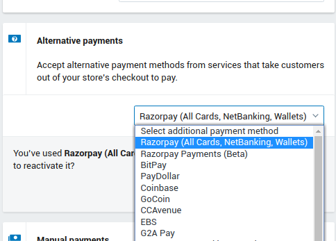 Alternative Payments section, with razorpay in the dropdown list