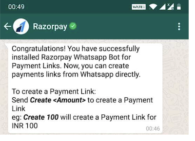 Screenshot from whatsapp chat where Razorpay bot sent App Successfully Installed message