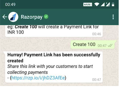 Razorpay bot replied with Link creation success message and the payment link