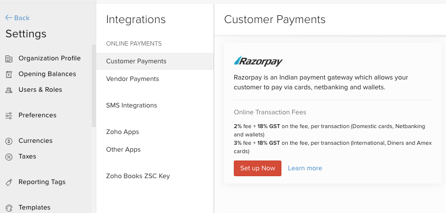 Red button with Setup now text on Customer Payments page