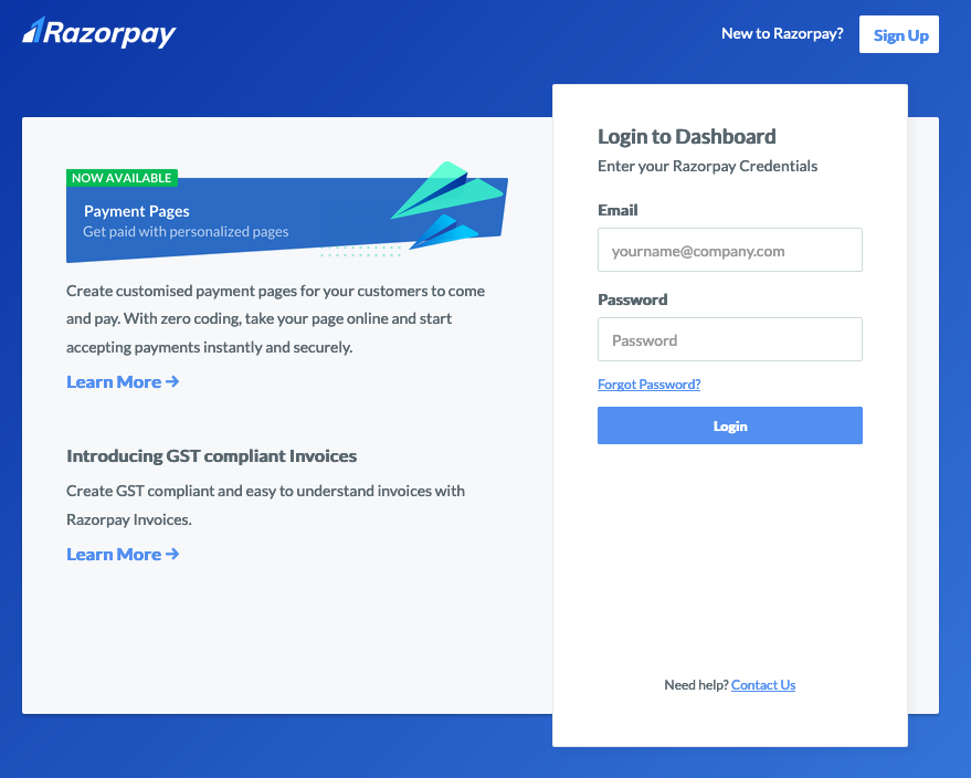 Screenshot of razorpay login page with email and password inputs