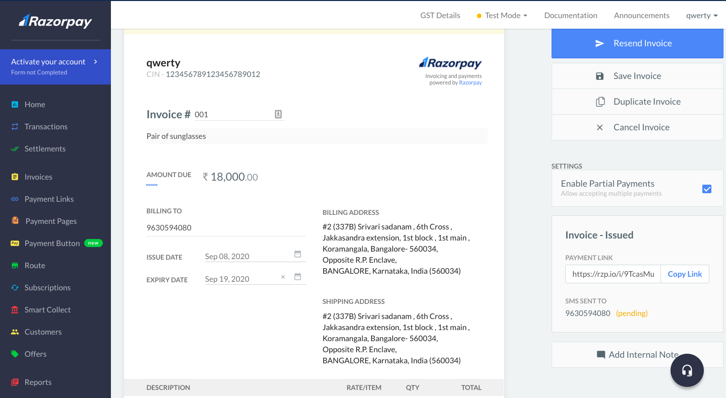 razorpay invoice details