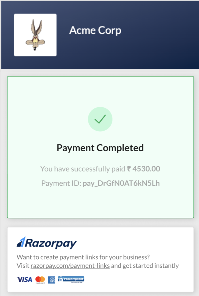 razorpay UPI payment successful completed page