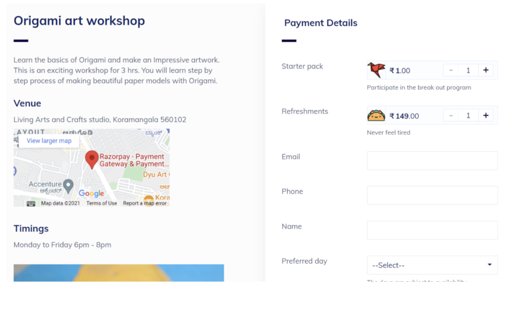 origami art workshop payment page