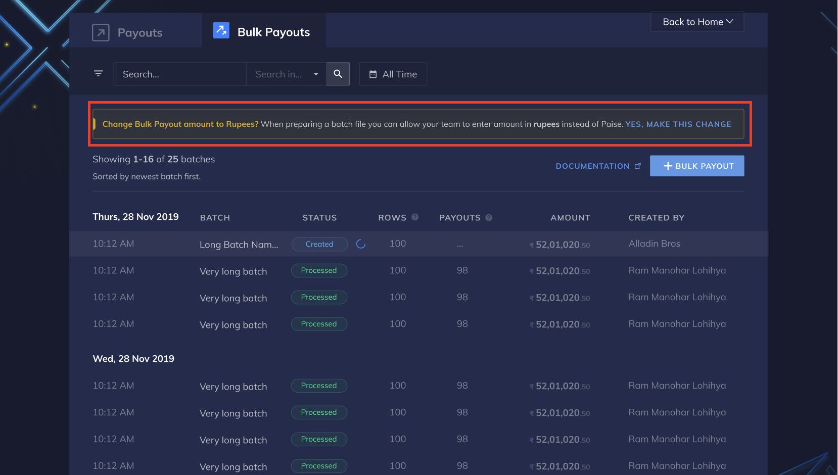 bulk upload change to rupees on the bulk payouts dashboard.