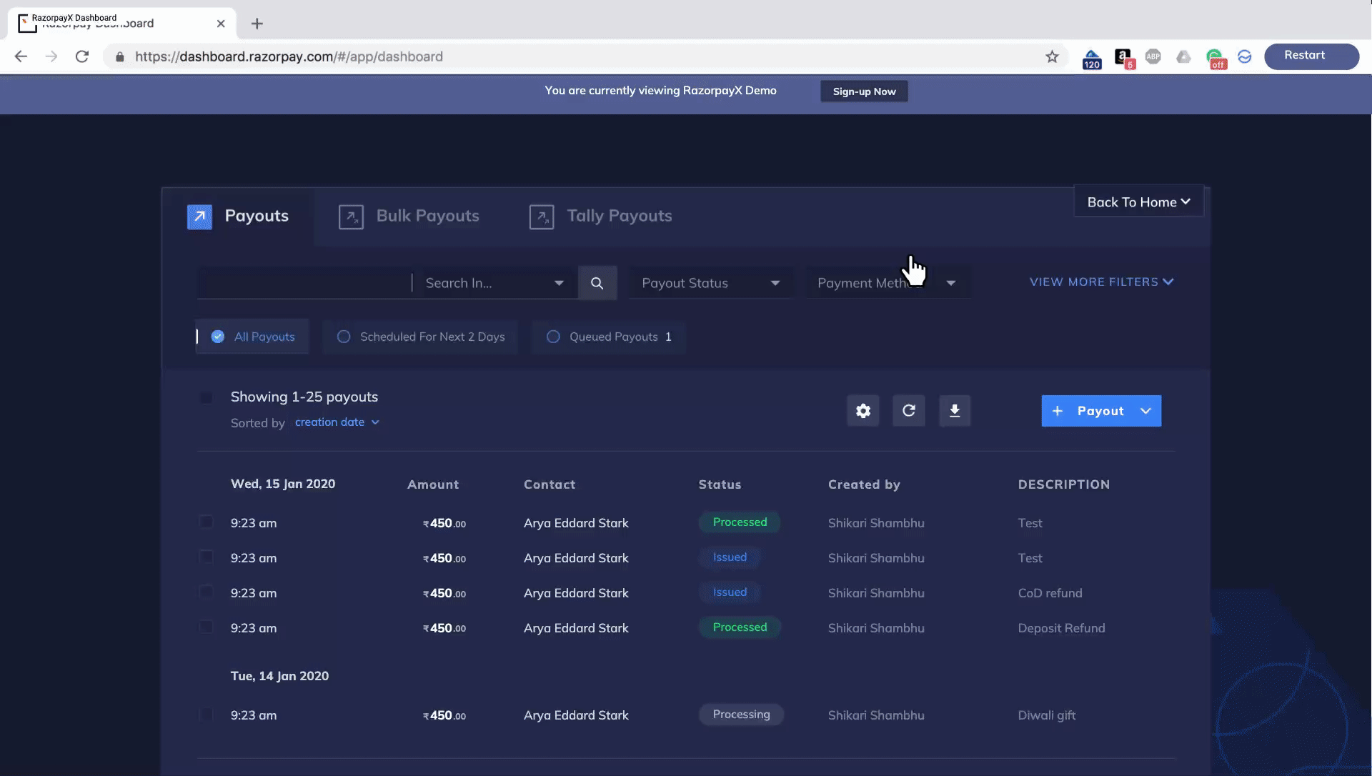 Demo of RazorpayX, showing how to make a payout in Live mode.