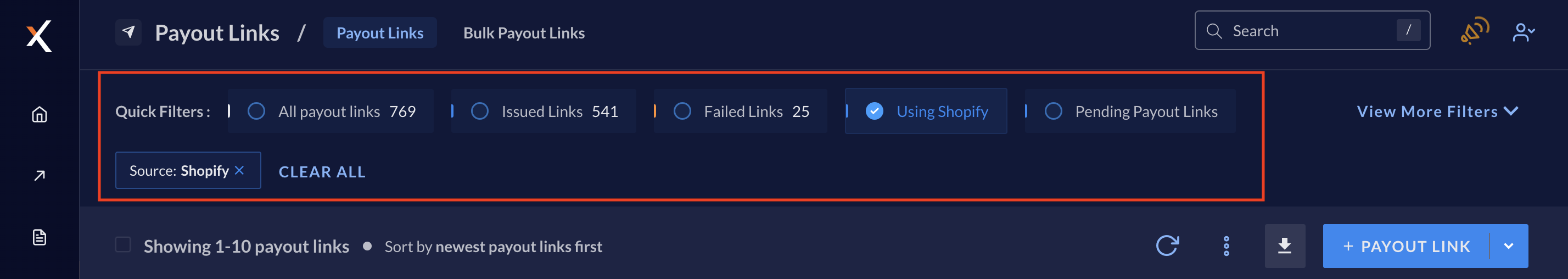 Sorting Payout Links by selecting Shopify in Quick Filters.