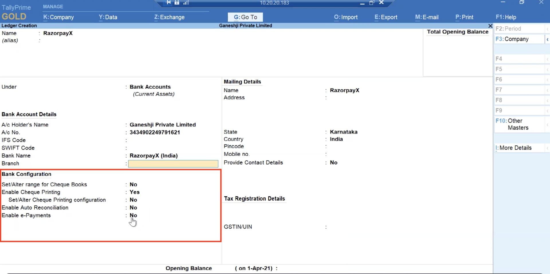 Select the Yes/No fields in the Bank Configuration.