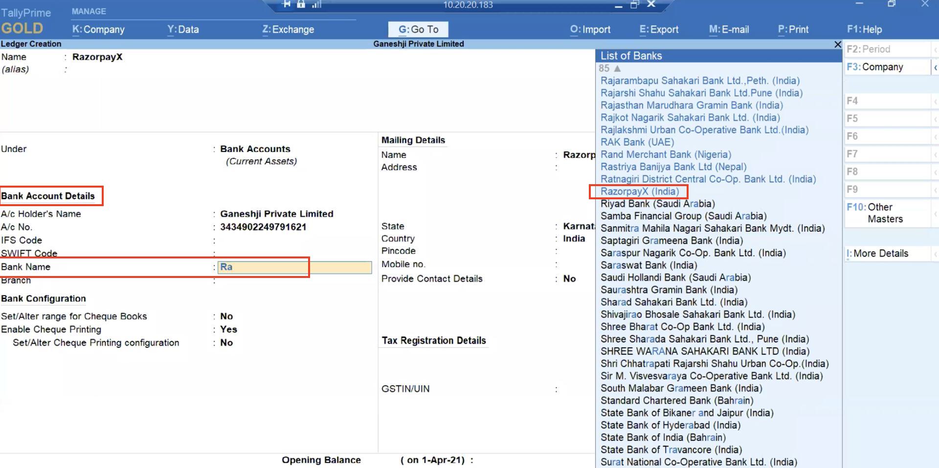 Selecting RazorpayX from the List of Banks list.