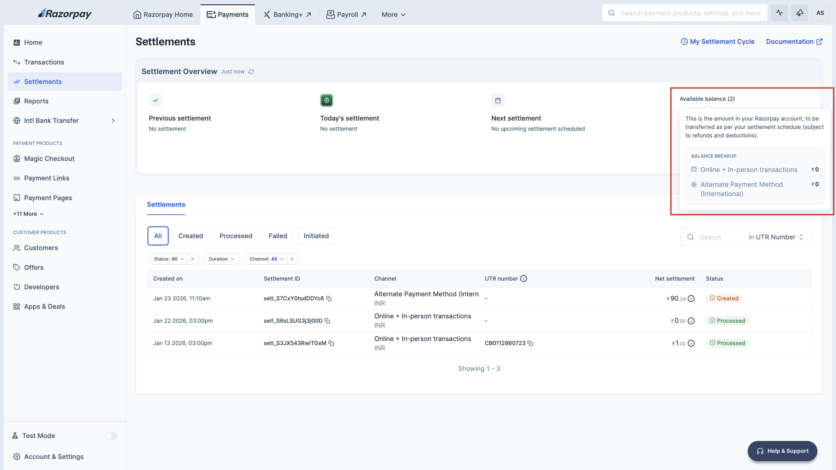 razorpay settlements details