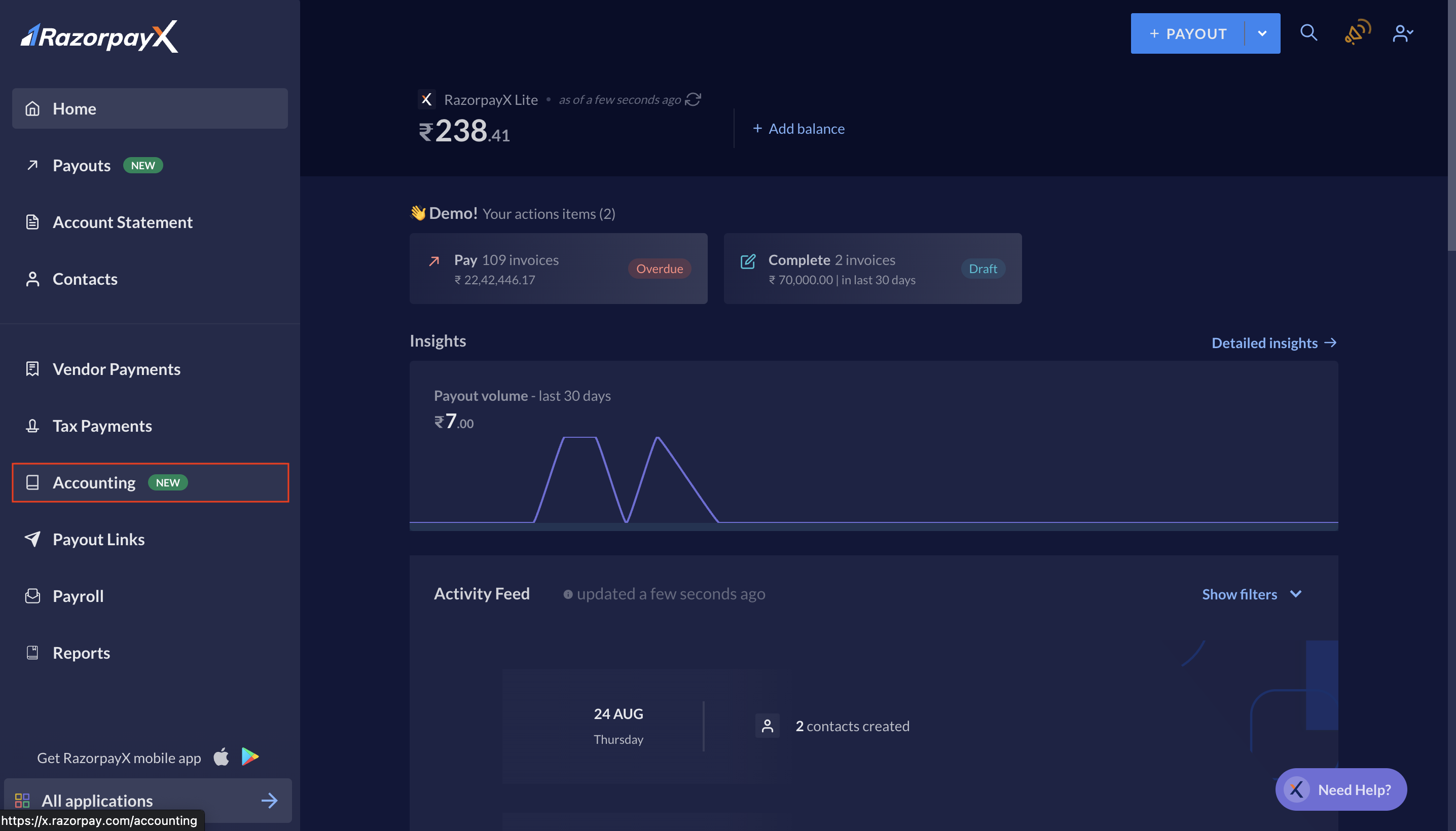 Accounting on RazorpayX Dashboard