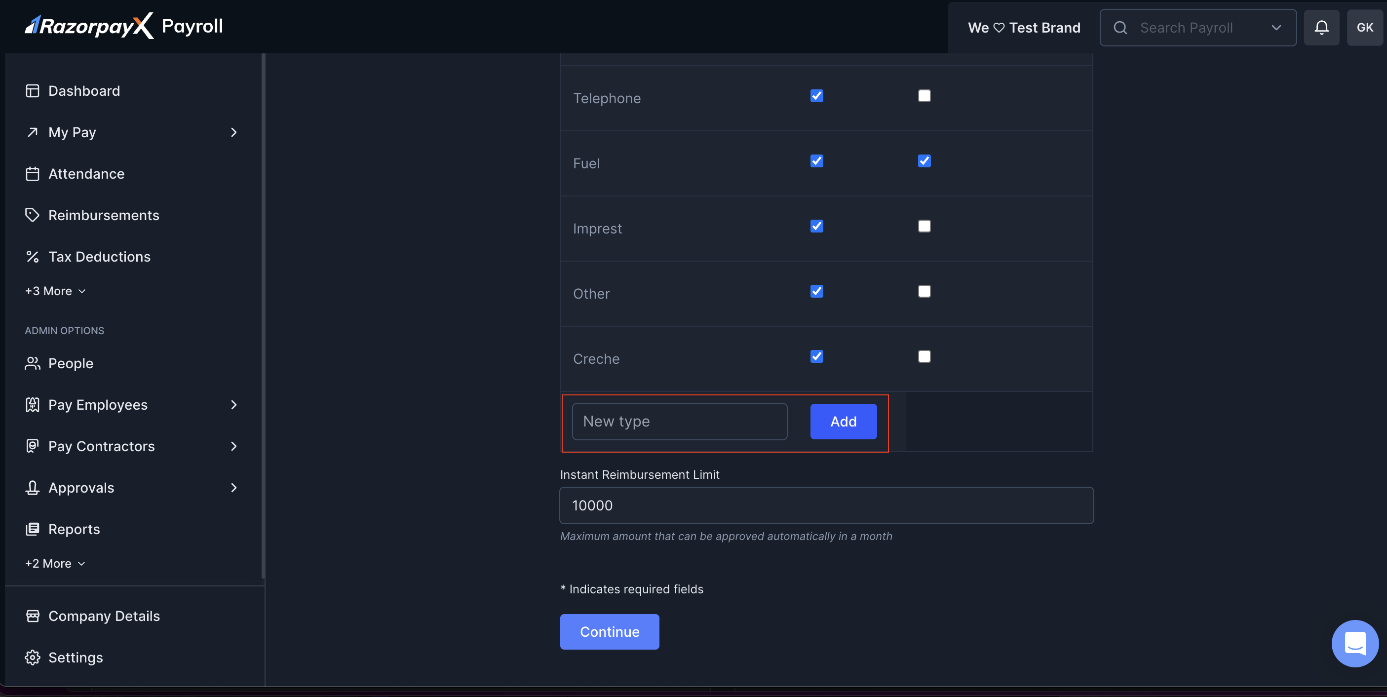 Add New Reimbursements on Payroll Dashboard