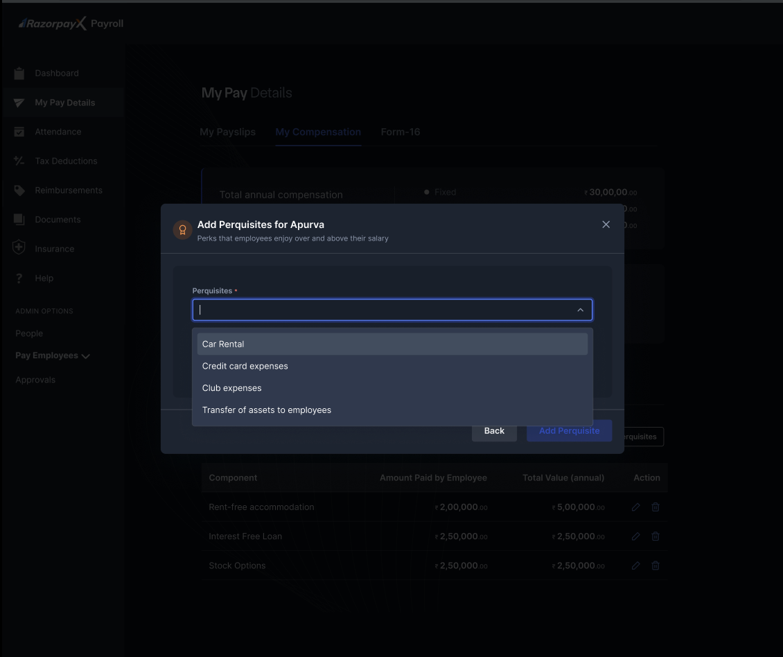 Add Perquisites dialog with the perquisite type dropdown open.