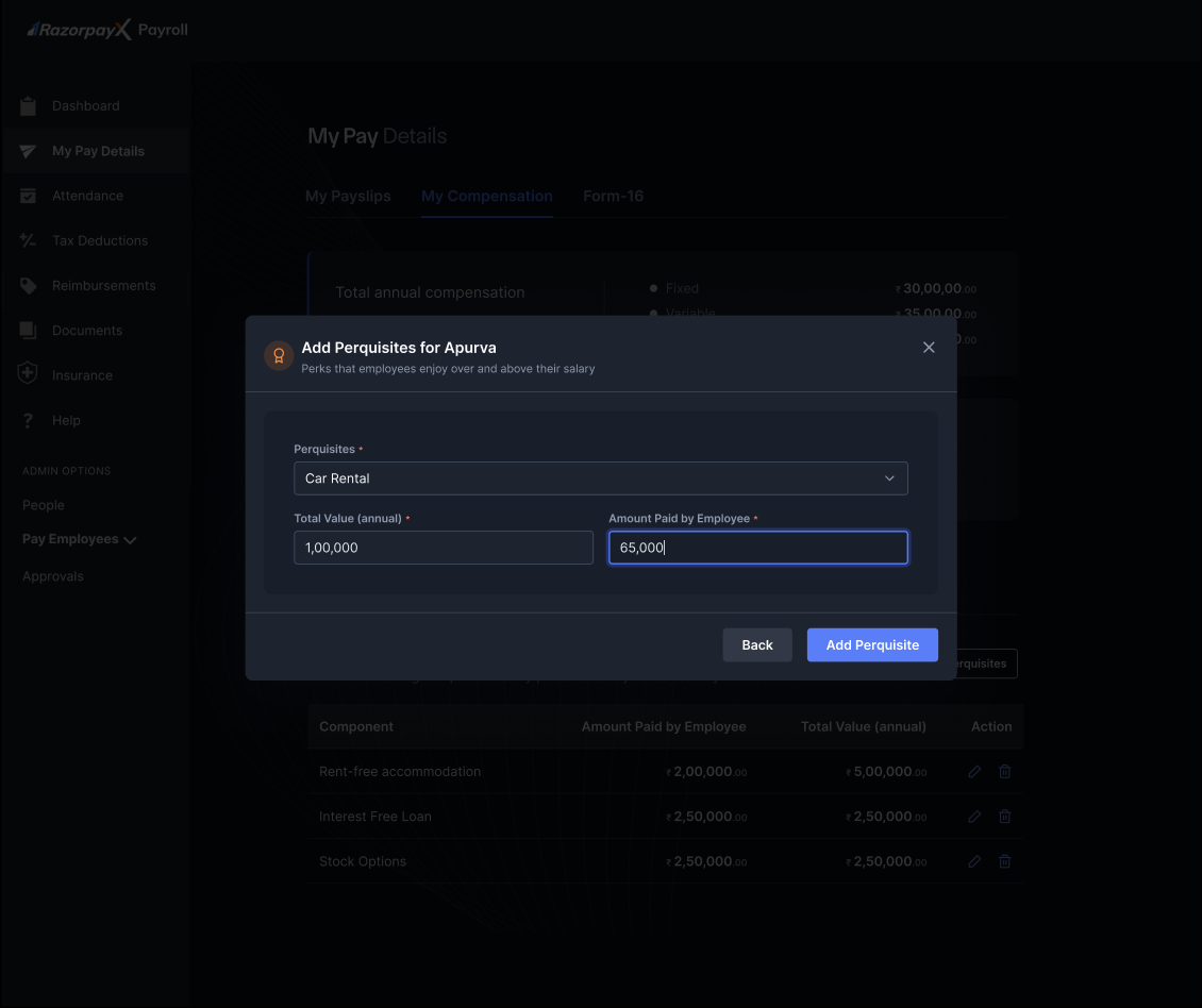 Add Perquisites dialog with Total Value and Amount Paid by Employee fields filled in.