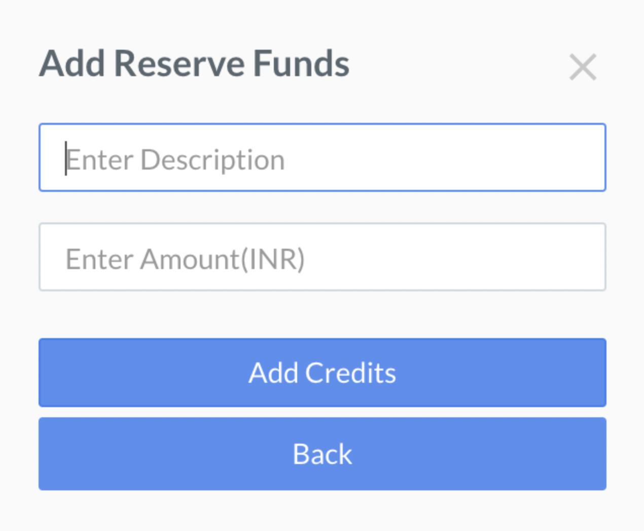 Enter description and amount to add reserve balance funds