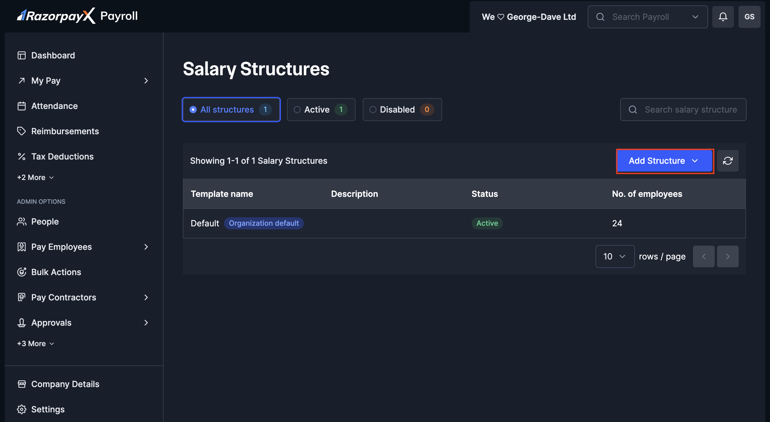 Add Structure button on the Salary Structures page.