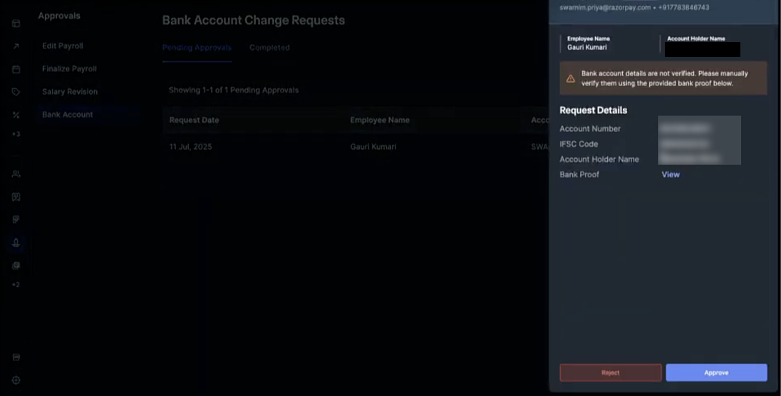 Approve or reject the bank account information