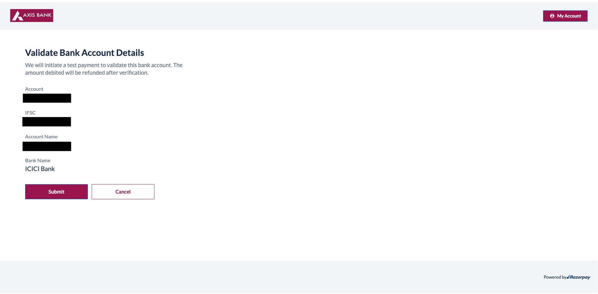 Validate bank account details beofre confirmation