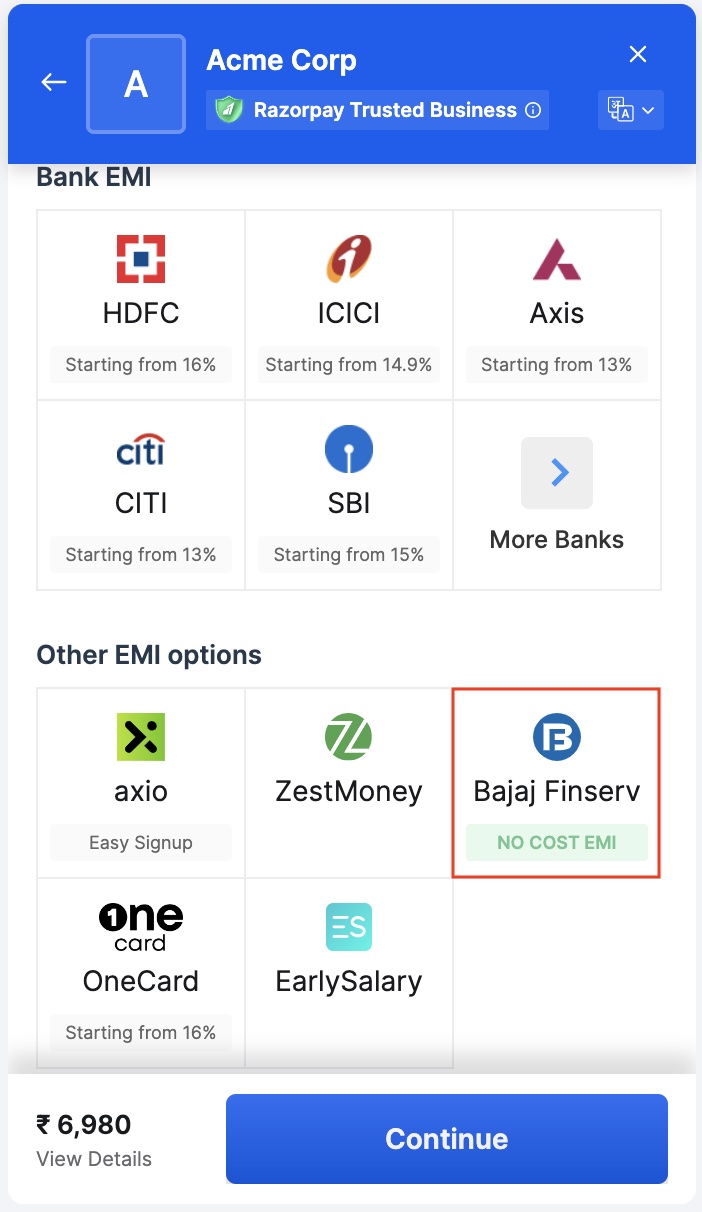 No Cost EMIs from Bajaj Finserv Razorpay Docs
