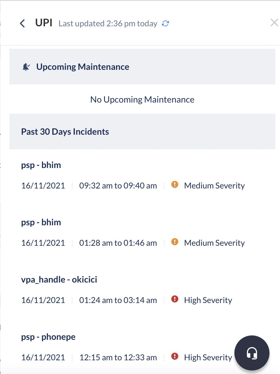 Bank's downtime - Past 30 days incidents with downtime date, duration and severity levels