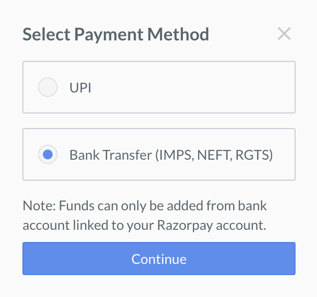 Select bank transfer to add reserve balance