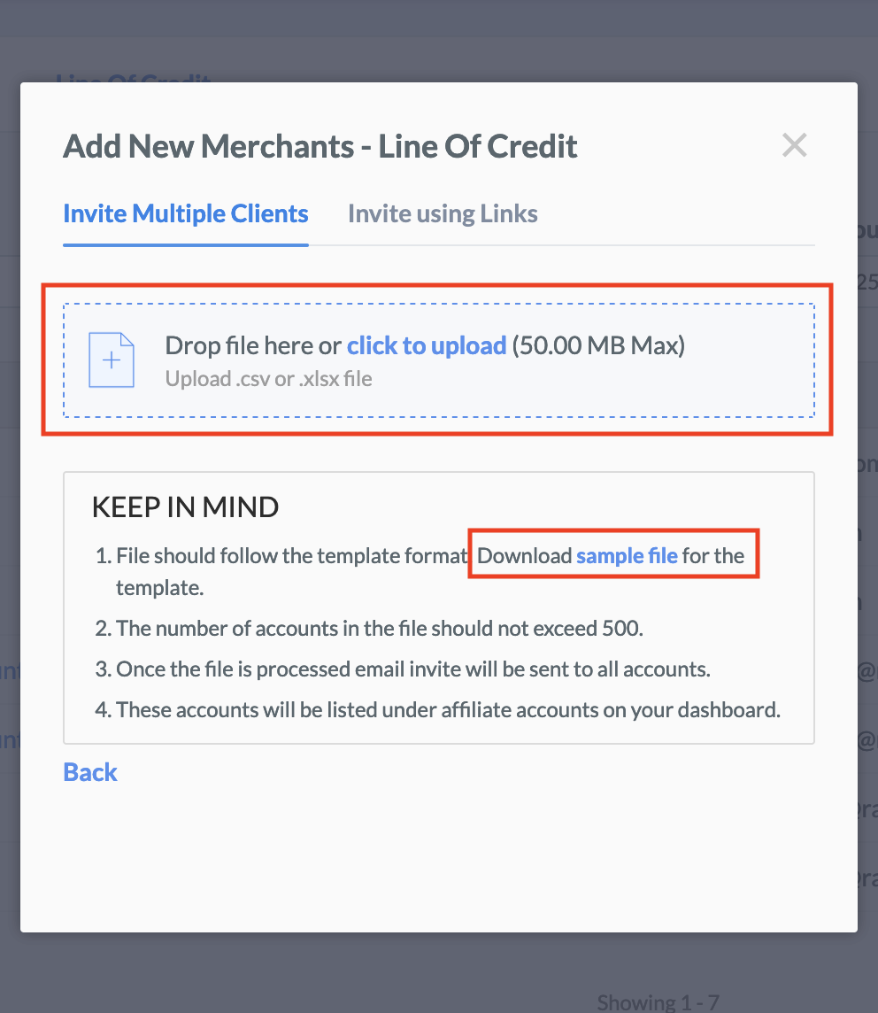 Add New Merchants window showing upload details