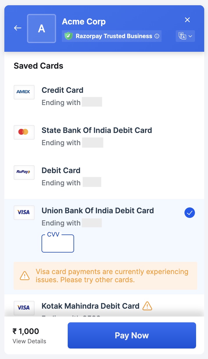 Downtime Communication on Checkout for Card