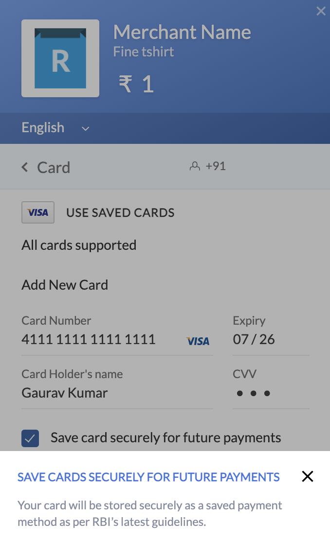 Save Customer Card Details at Standard Checkout | Razorpay Docs