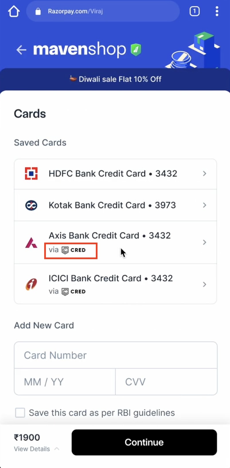 Select Your Saved Card