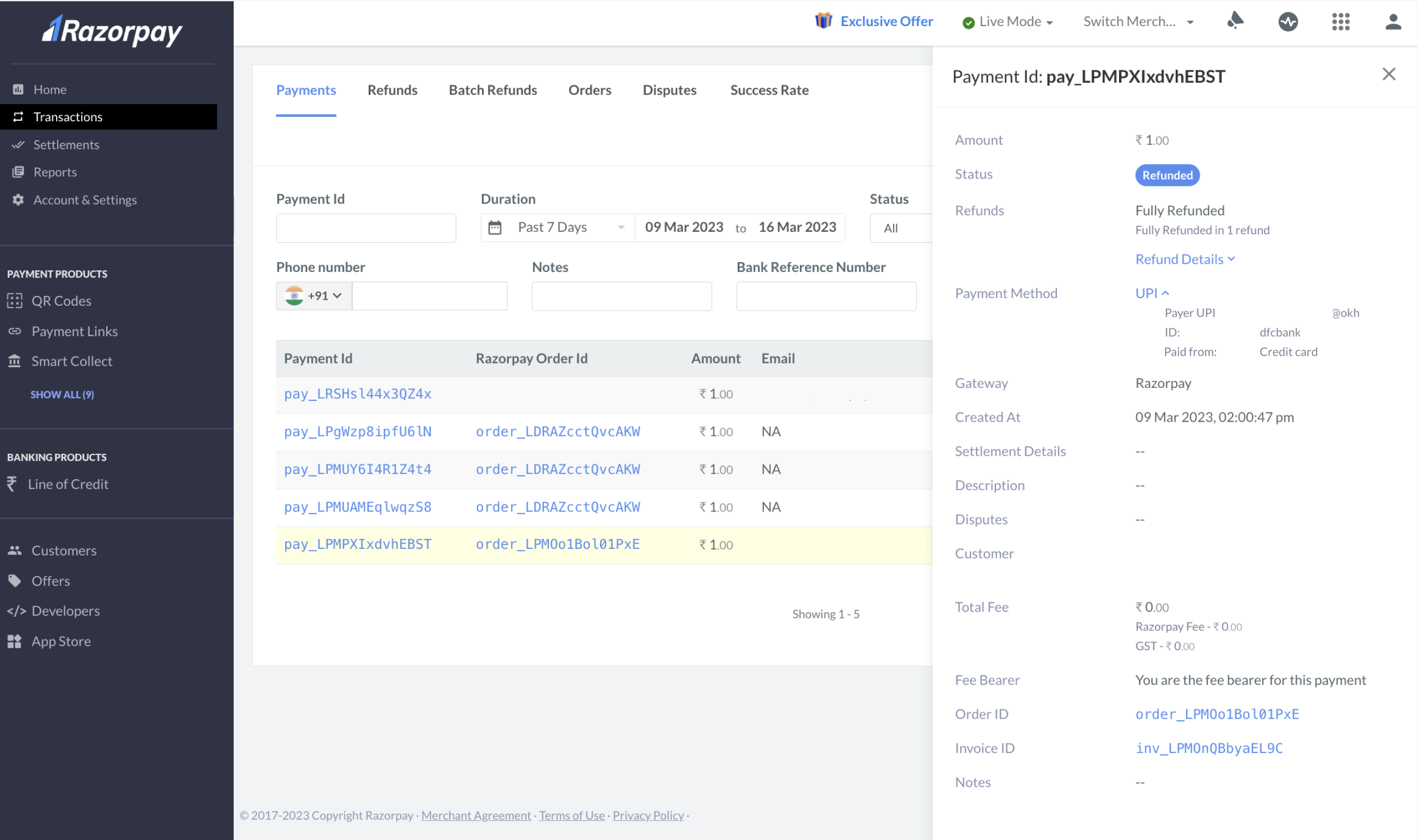 Image shows Credit Card payment via UPI on Dashboard