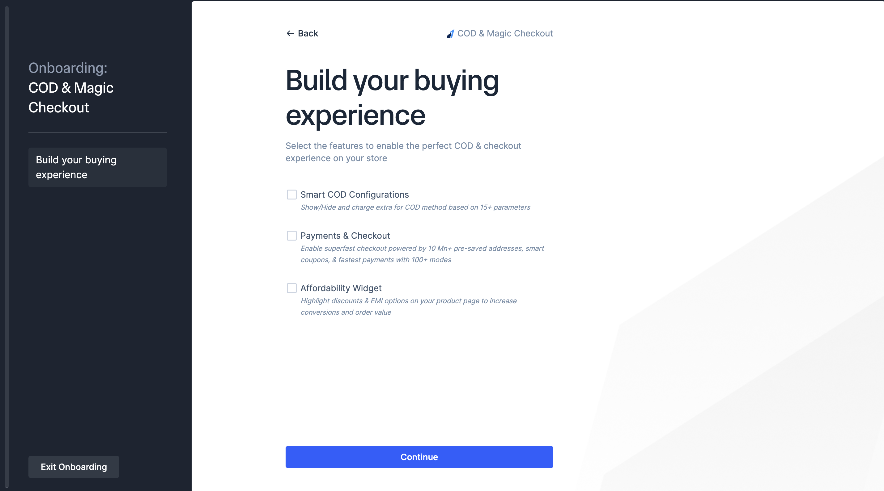 select features to enable COD & Magic Checkout