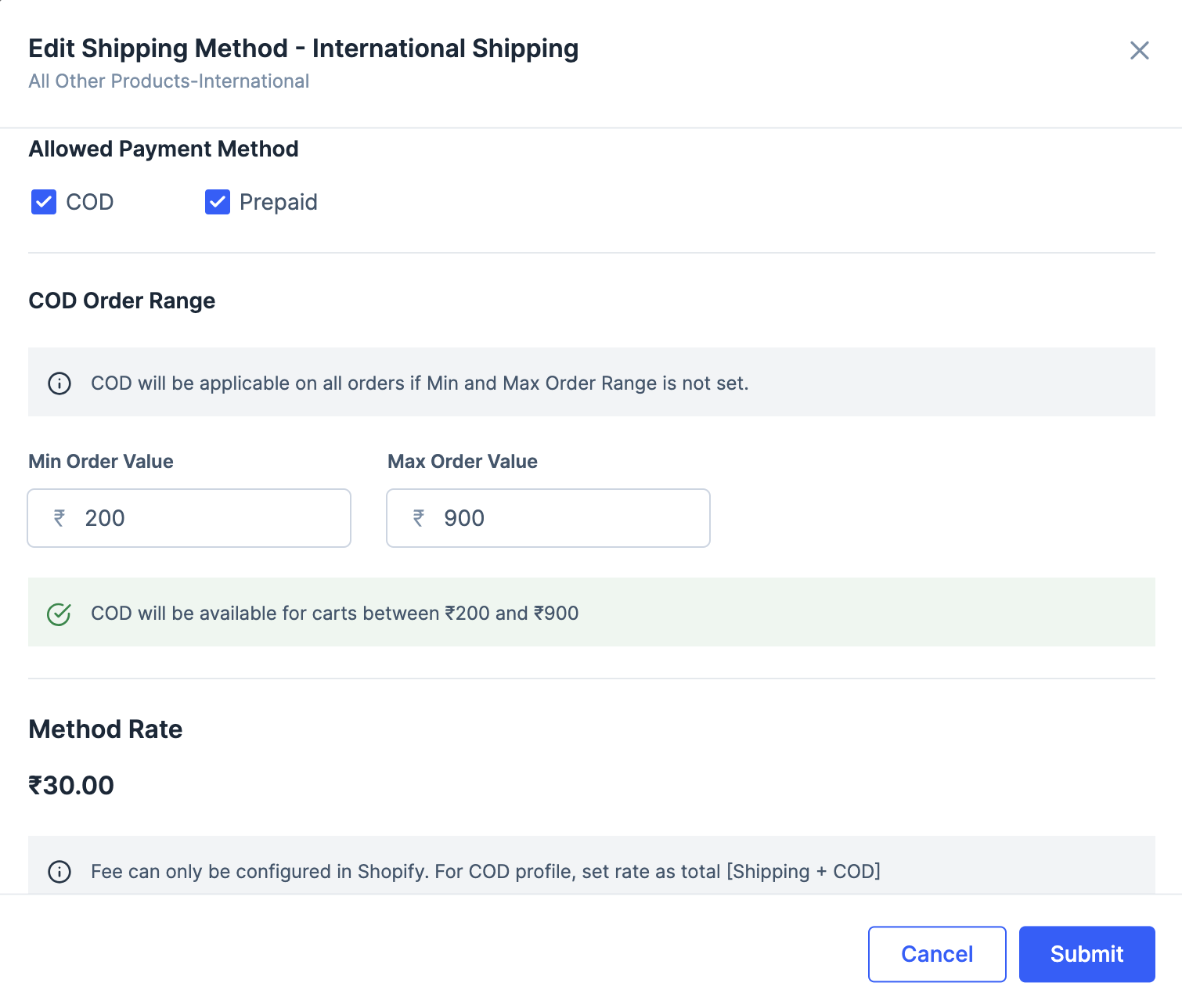 Configure COD for shopify shipping methods