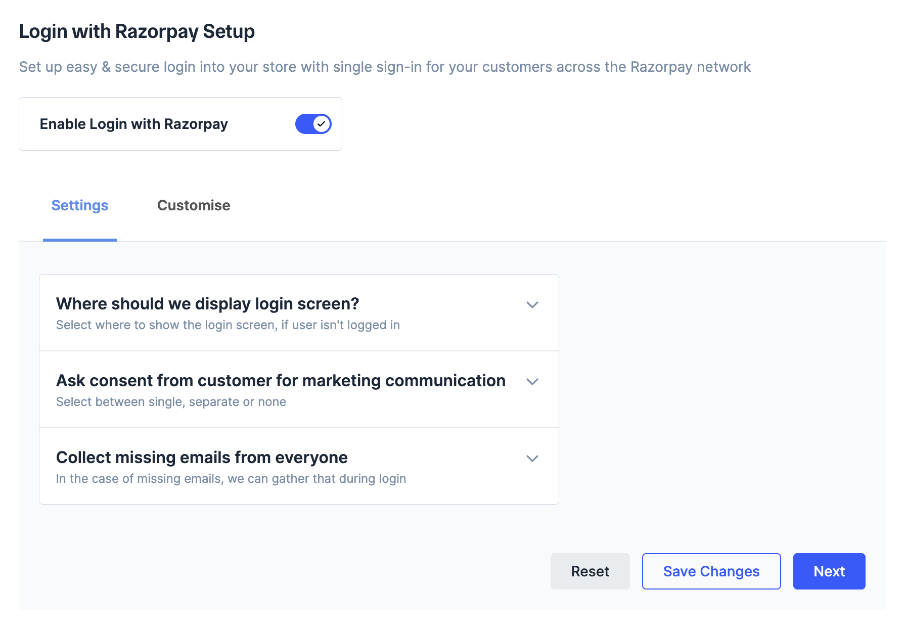 Settings and customisation options on SSO