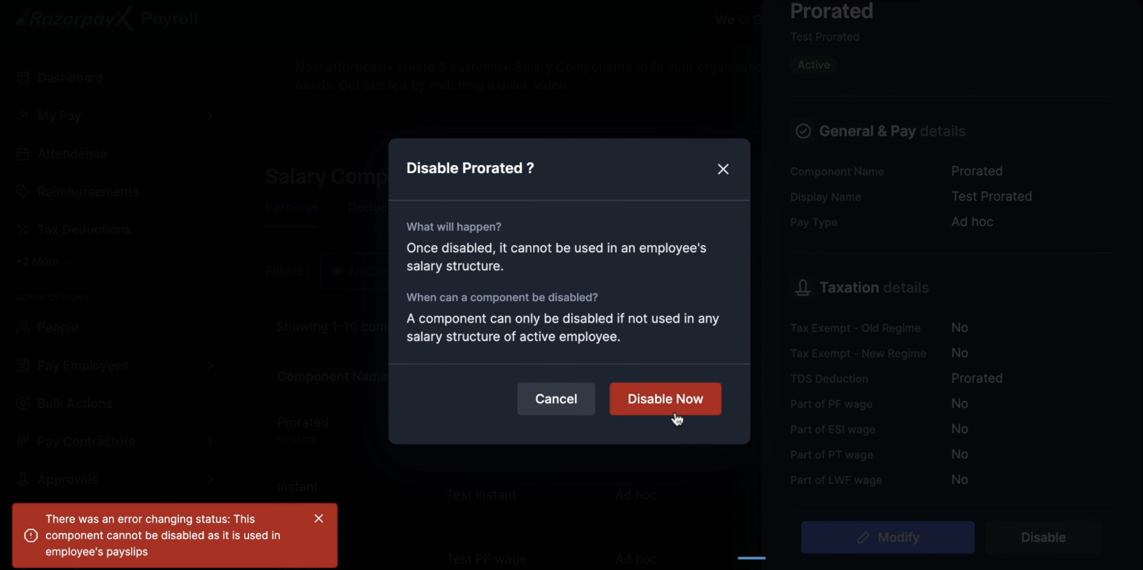Disable component confirmation dialog with warning about salary structure usage.