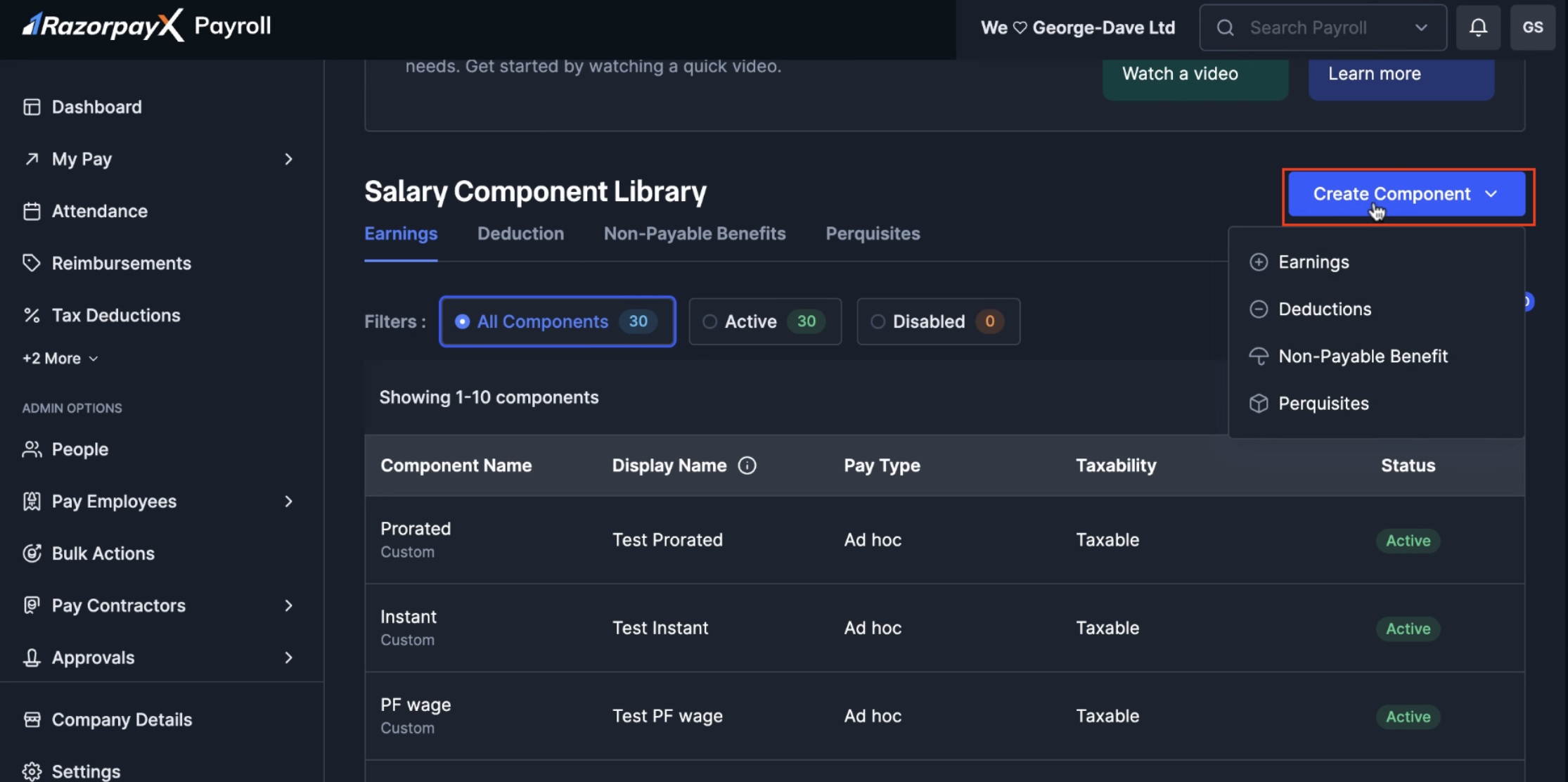 Create Component dropdown showing Earnings, Deductions, Non-Payable Benefit, and Perquisites options.