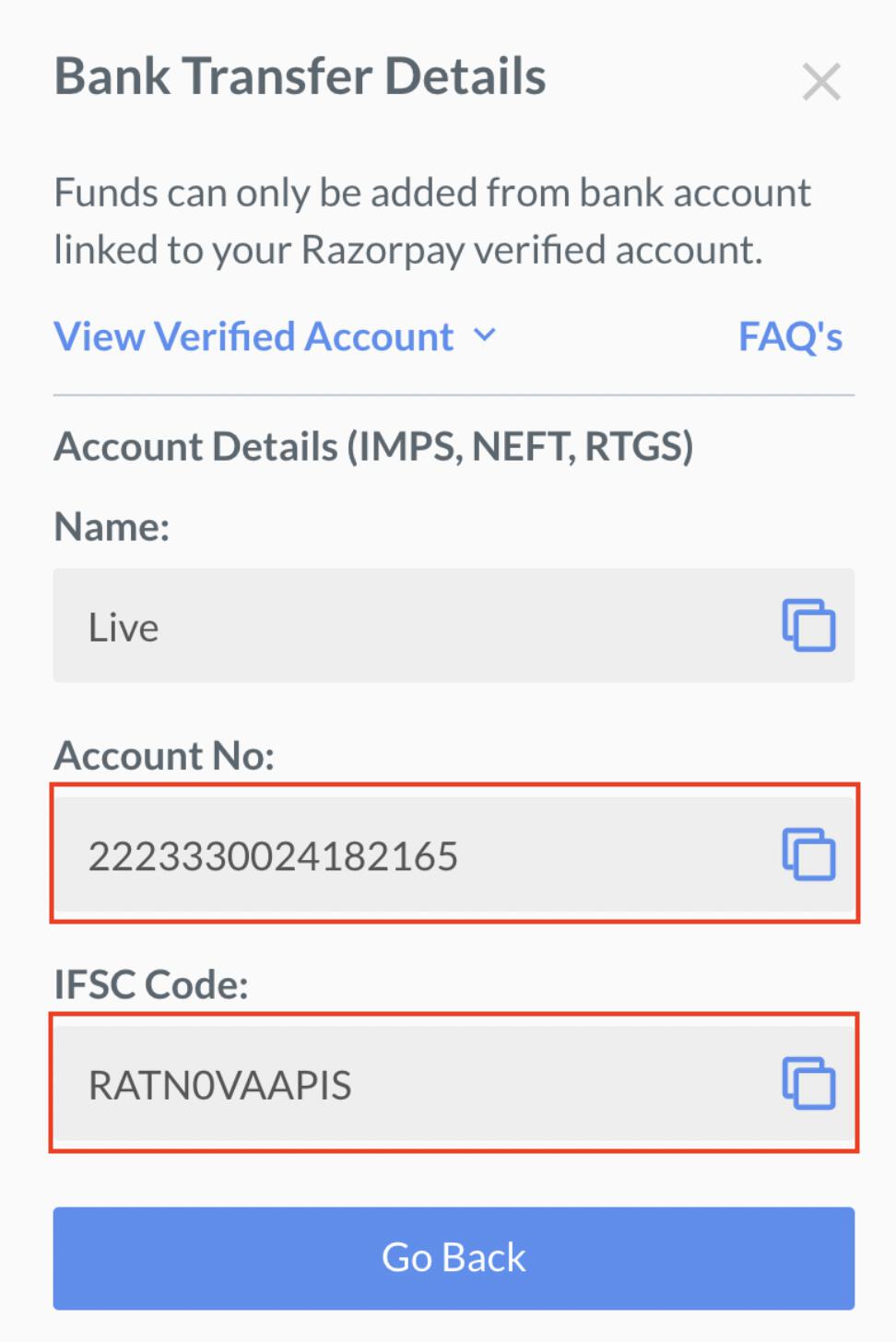 Copy IFSC and account number