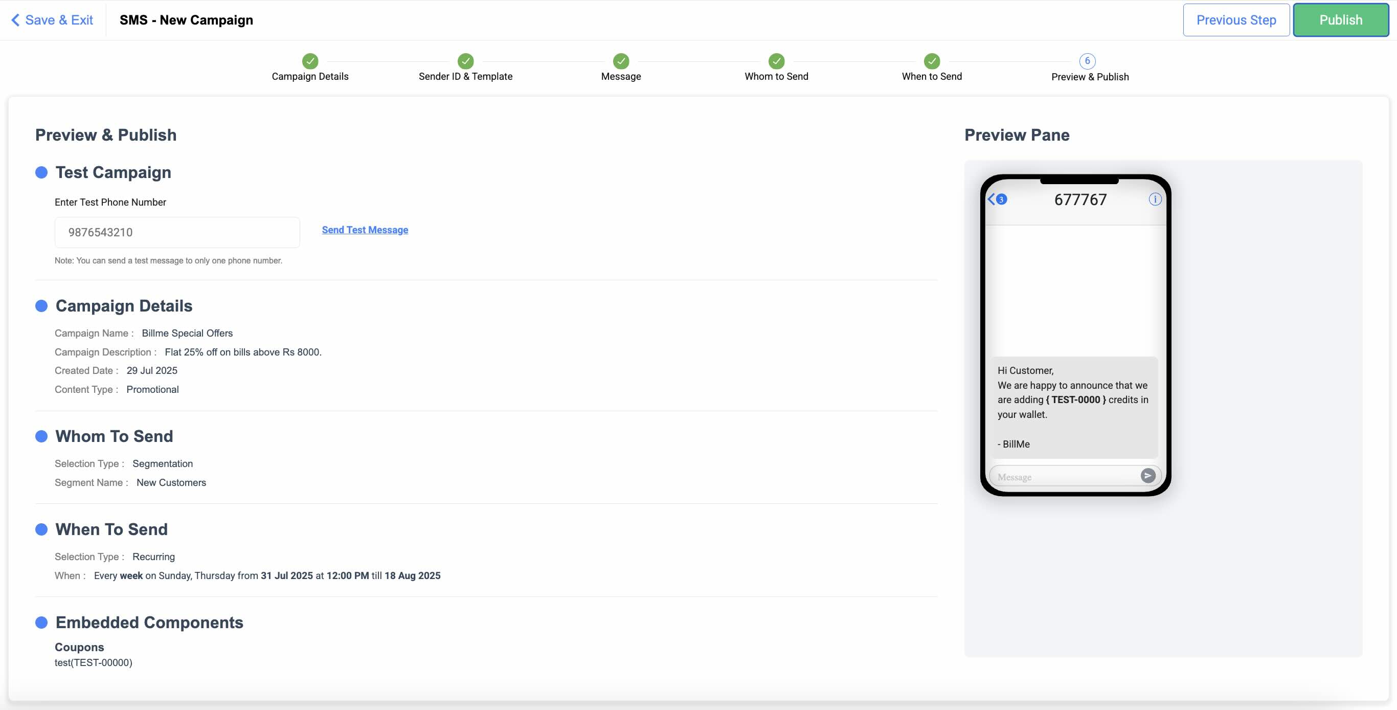 Preview and Publish the SMS Campaign