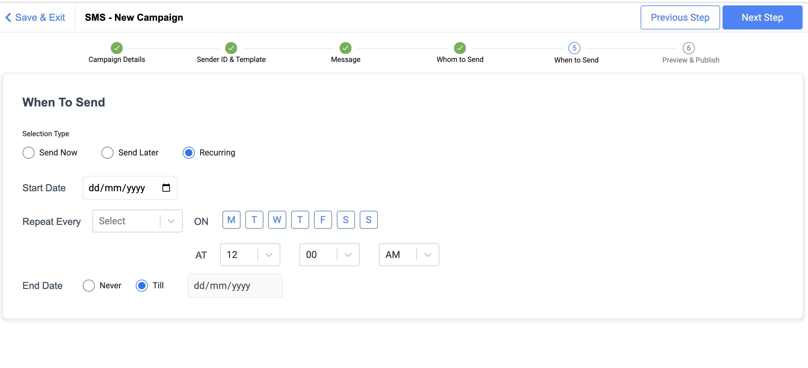 Select When To Send SMS Campaign