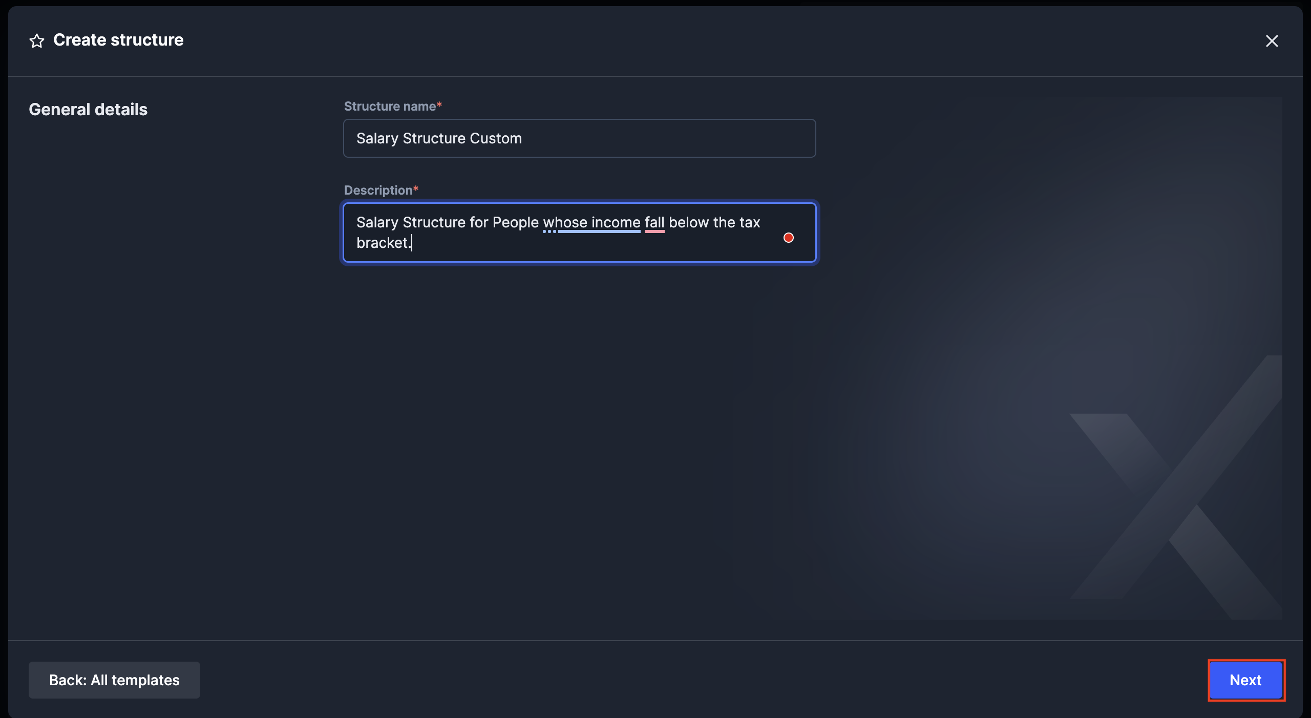 Create structure form with Structure name and Description fields.