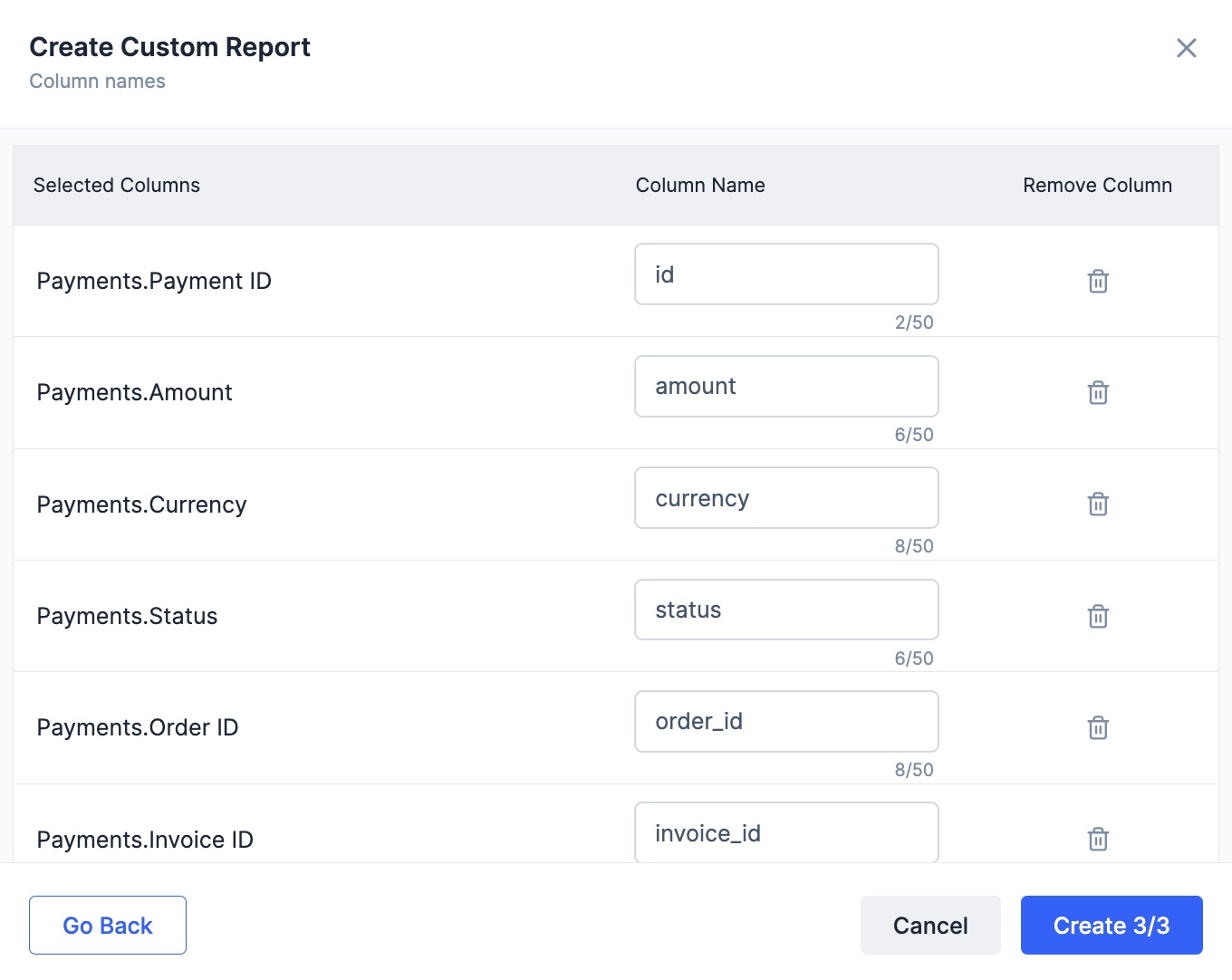 rename custom report column
