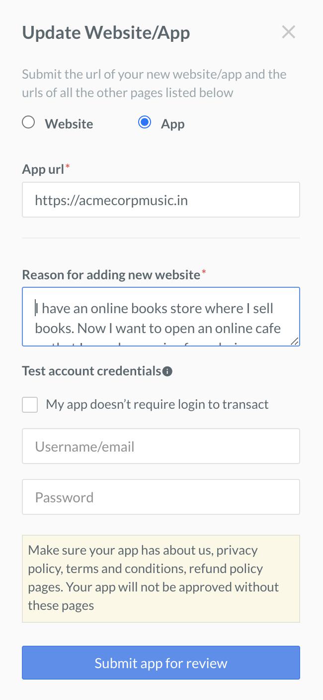 Enter app URL and submit reason for adding new app