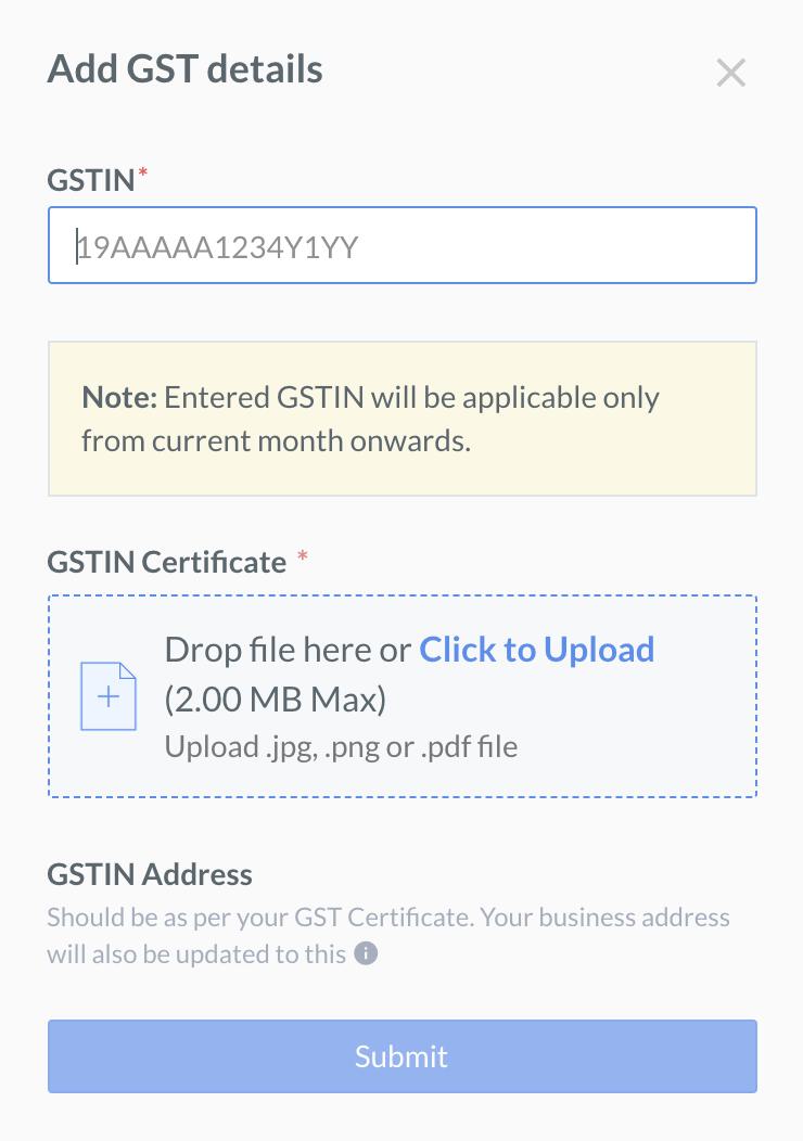 Submit GST details on Razorpay Dashboard