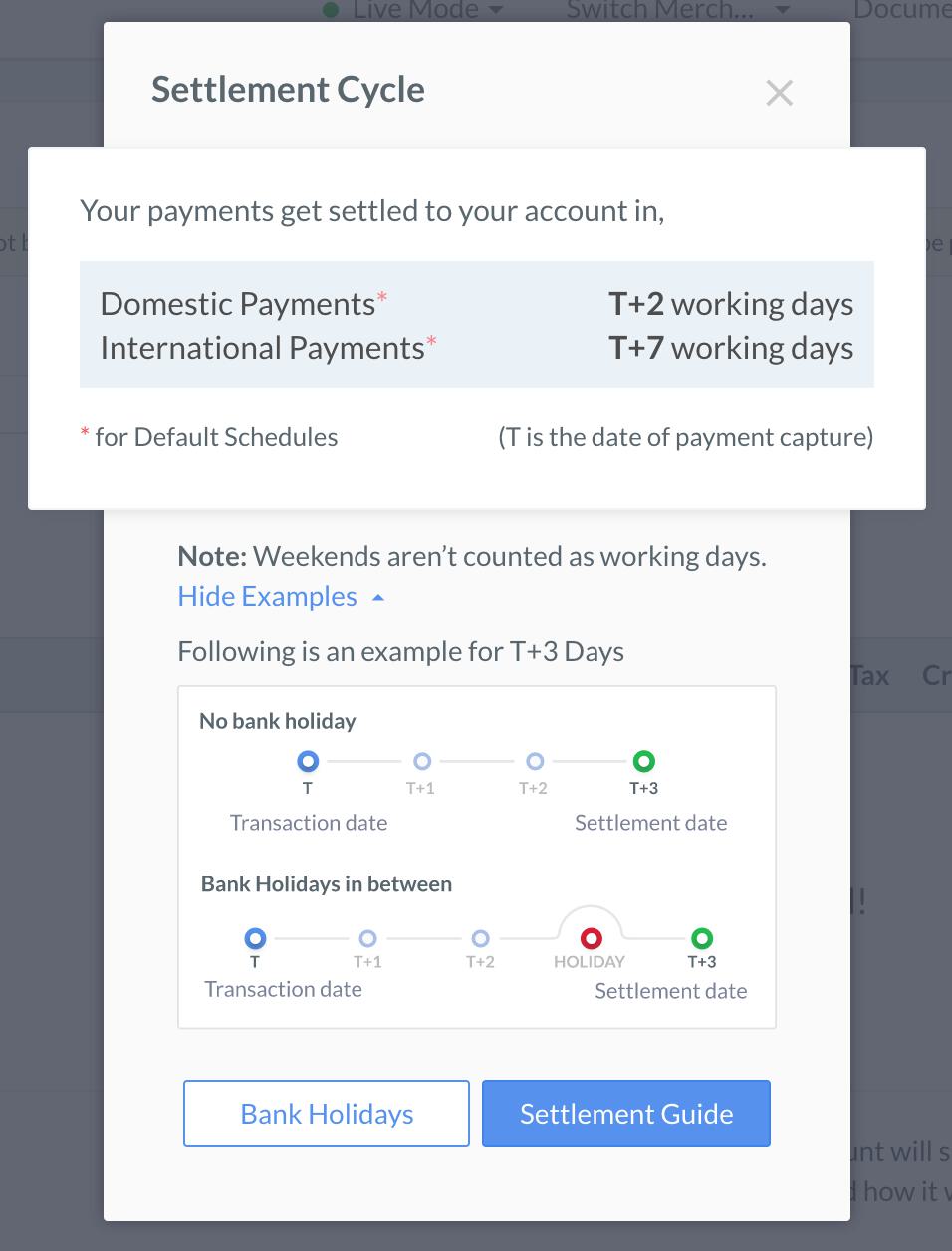 Checkout screen with details of Settlement Cycle