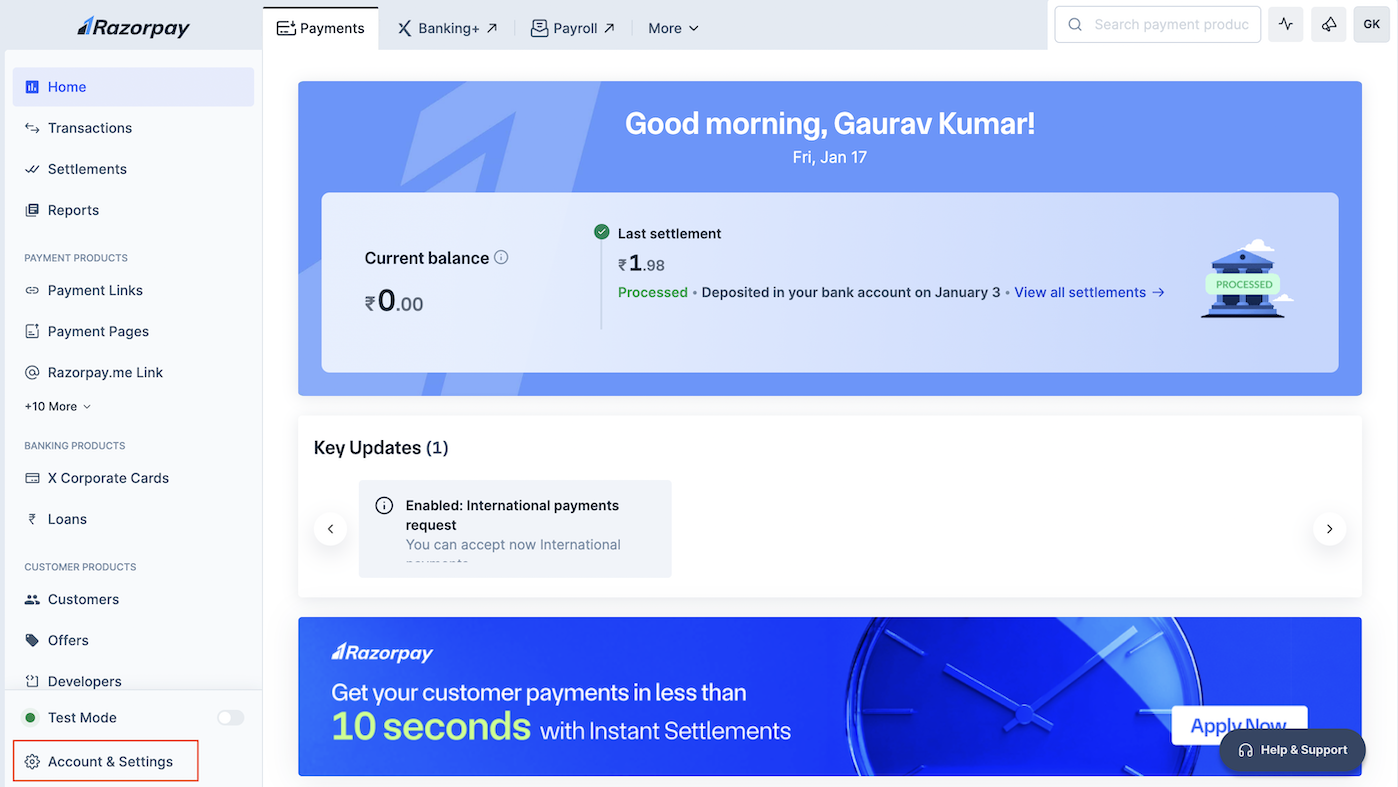 Settings on Razorpay Dashboard