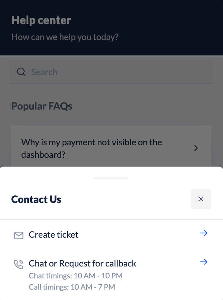 Raise a Ticket - Help and Support pop-up - Razorpay Dashboard