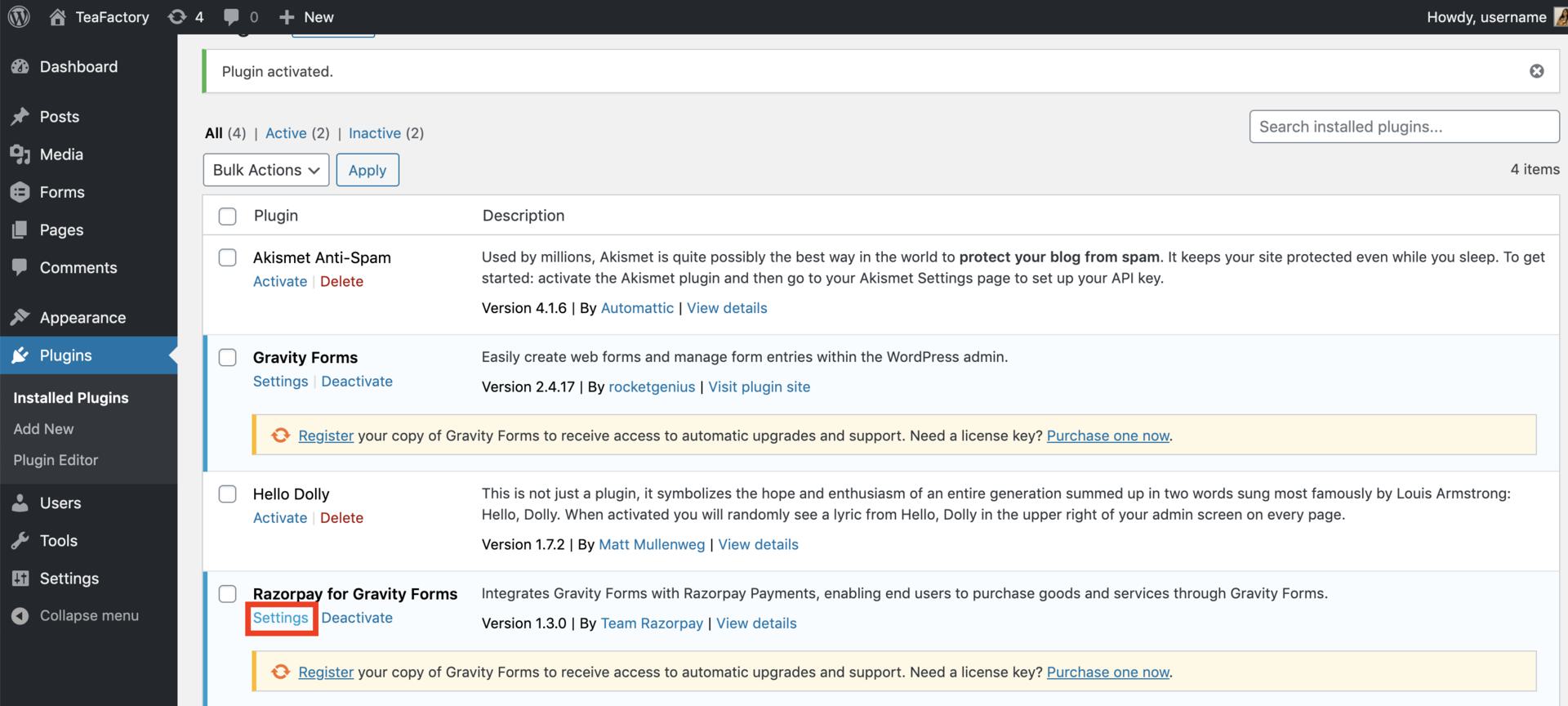 open plugin settings