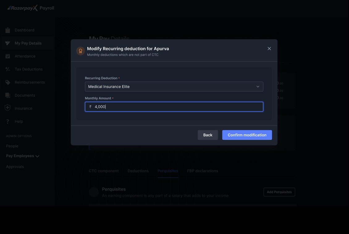 Modify Recurring deduction dialog with the selected component and updated monthly amount.
