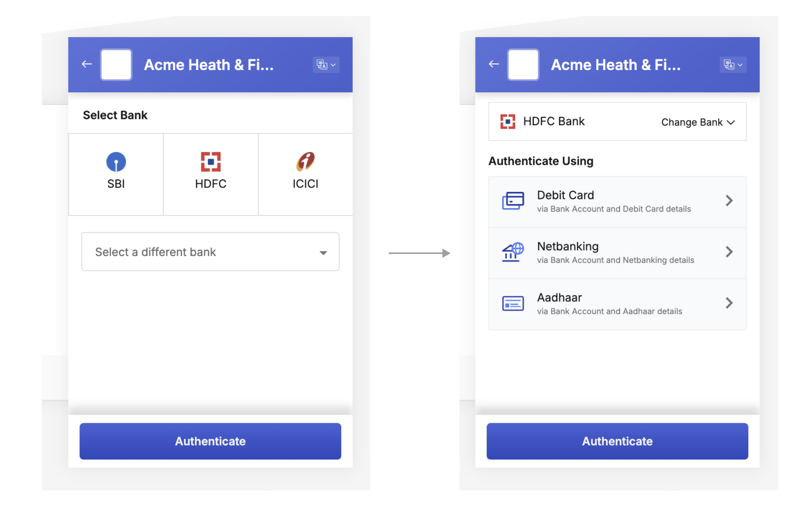 customer selects bank and auth type