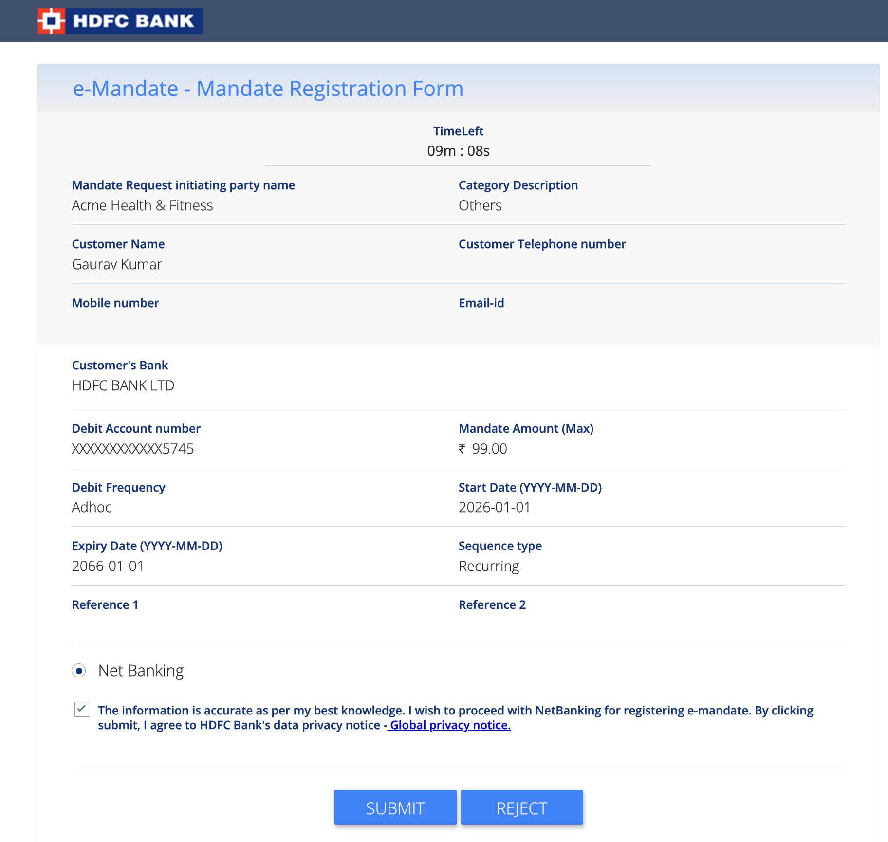 emandate registration form submission