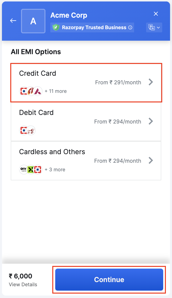 Select credit card payment option on checkout